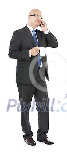 Isolated businessman drinking coffi and talking to the phone Isolated businessman drinking coffi and talking to the phone