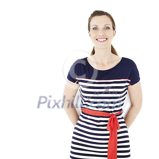 Isolated woman in dress, smiling