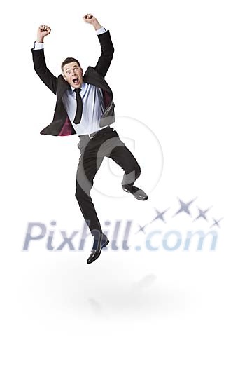 Isolated businessman jumping in the air Isolated businessman jumping in the air
