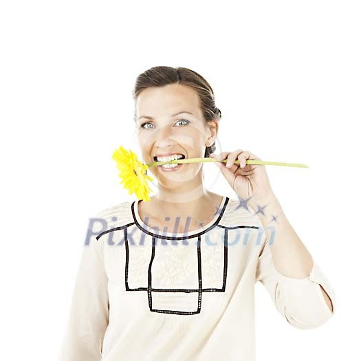 Isolated woman biting a yellow gerbera Isolated woman biting a yellow gerbera