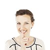 Isolated woman holding her finger infront of her mouth