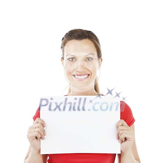 Isolated woman holding a blank card infront of her Isolated woman holding a blank card infront of her