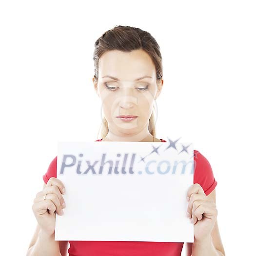 Isolated sad woman holding a blank card Isolated sad woman holding a blank card