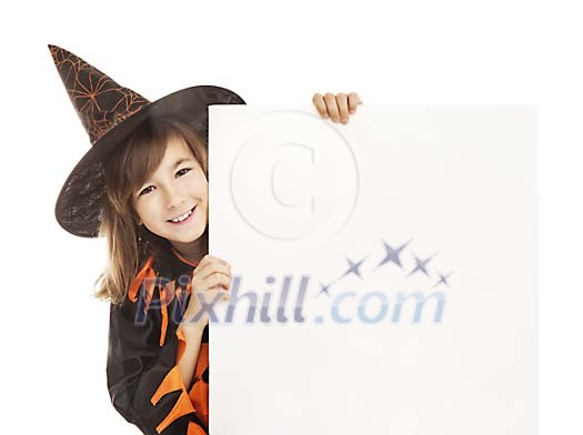Girl dressed as a witch holding a blank card Girl dressed as a witch holding a blank card
