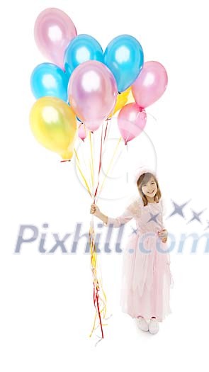 Isolated girl holding a bunch of balloons Isolated girl holding a bunch of balloons