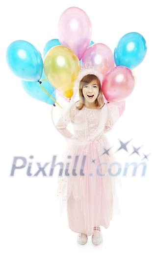 Isolated girl holding a bunch of balloons Isolated girl holding a bunch of balloons