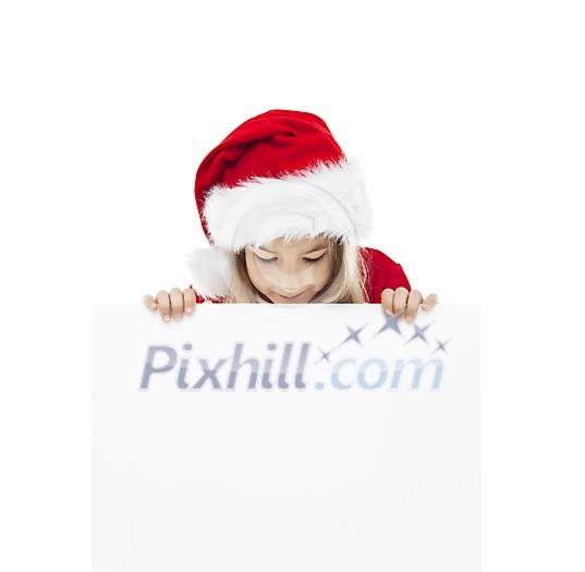 Isolated Christmas girl with a blank card Isolated Christmas girl with a blank card