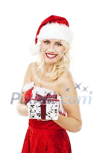 Isolated woman holding a christmas gift Isolated woman holding a christmas gift