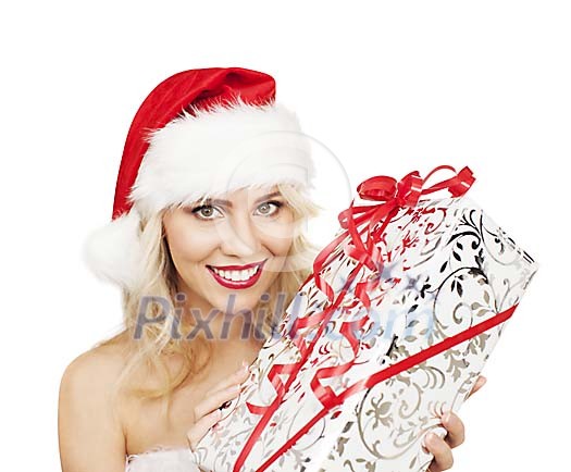 Isolated christmas woman with a gift Isolated christmas woman with a gift