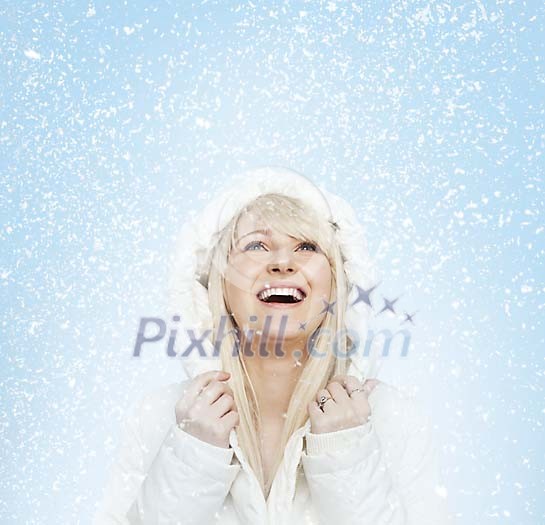 Angelic woman in the fall of snow Angelic woman in the fall of snow