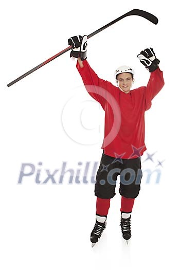 Isolated hockey player standing hands in the air Isolated hockey player standing hands in the air