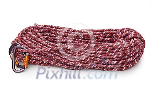 Isolated climbing rope and carabiners Isolated climbing rope and carabiners