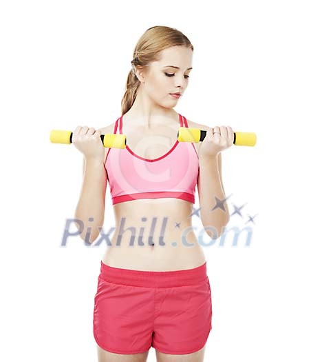 Isolated female lifting dumbbells Isolated female lifting dumbbells