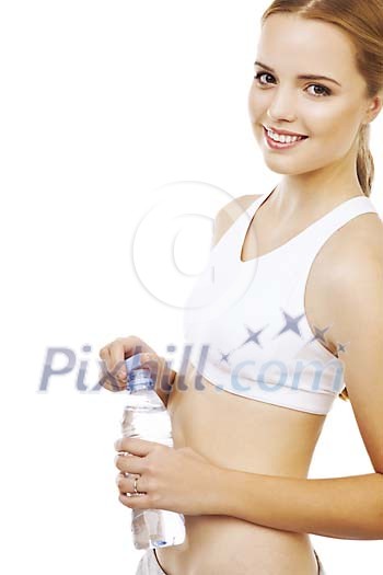 Female holding a bottle of water Female holding a bottle of water