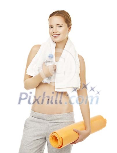 Isolated woman ready for yoga class Isolated woman ready for yoga class