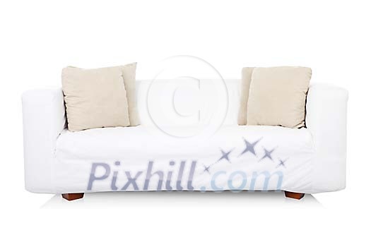 Isolated white sofa with beige pillows Isolated white sofa with beige pillows
