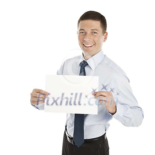 Isolated businessman holding a blank paper Isolated businessman holding a blank paper