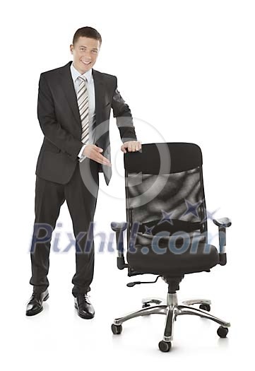 Isolated businessman offering seat Isolated businessman offering seat