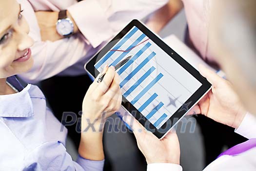 Team looking at the chart on the tablet computer Team looking at the chart on the tablet computer