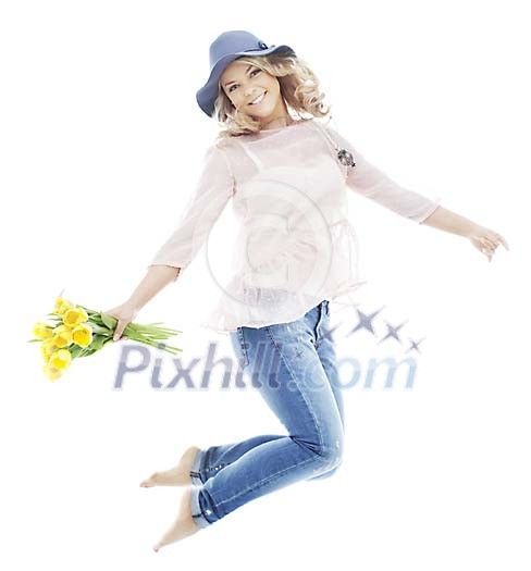 Beautiful summer girl jumping and smiling to camera Beautiful summer girl jumping and smiling to camera