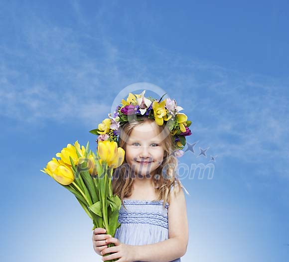 Little girl with floral head wreath and a big yellow flower bouquet Little girl with floral head wreath and a big yellow flower bouquet