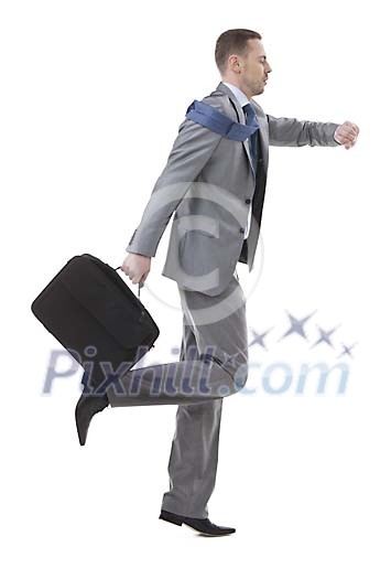 Isolated businessman running to work Isolated businessman running to work