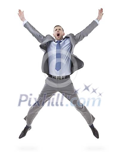 Isolated businessman jumping for success Isolated businessman jumping for success