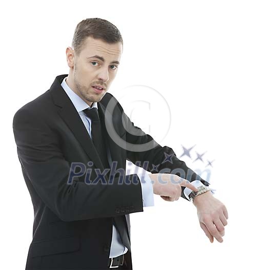 Isolated businessman pointing to his watch Isolated businessman pointing to his watch