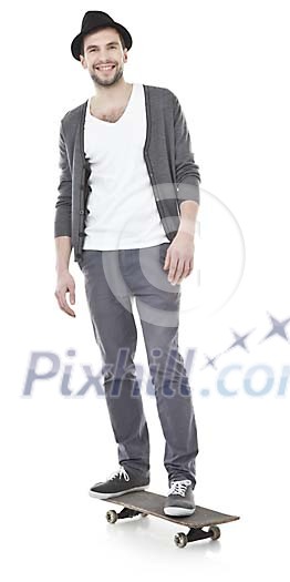Isolated man standing on the skateboard Isolated man standing on the skateboard