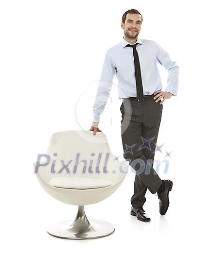 Isolated businessman with a chair Isolated businessman with a chair