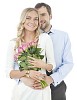 Isolated smiling couple with roses