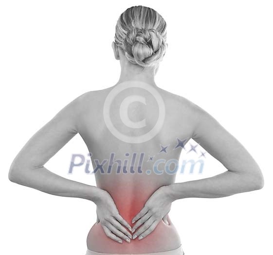 Woman holding her hands on her sore back Woman holding her hands on her sore back