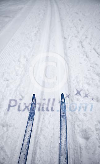 Skis on the ski tracks Skis on the ski tracks
