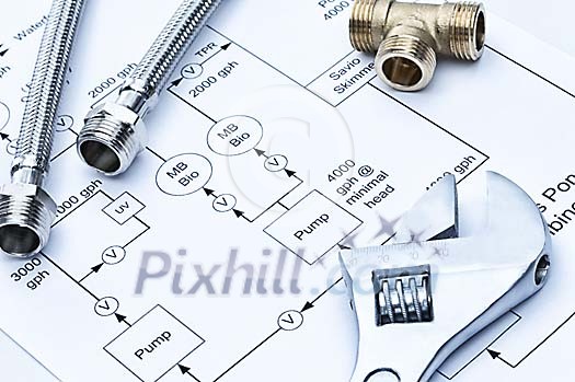 Plumbing blueprint with tools Plumbing blueprint with tools