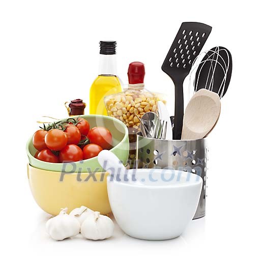 Isolated dishes with cooking supplies Isolated dishes with cooking supplies