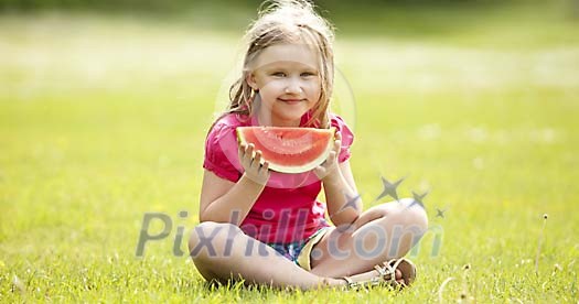 Girl sitting and holding a slice of watermelon Girl sitting and holding a slice of watermelon
