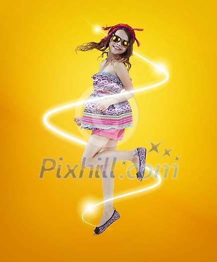 Girl jumping in the air with light around her Girl jumping in the air with light around her