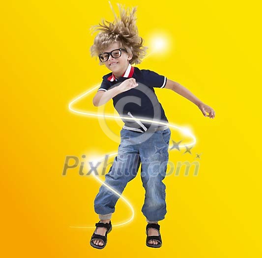 Boy jumping with light around him Boy jumping with light around him