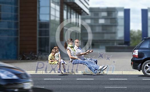 Family driving on the street in an invisible car Family driving on the street in an invisible car