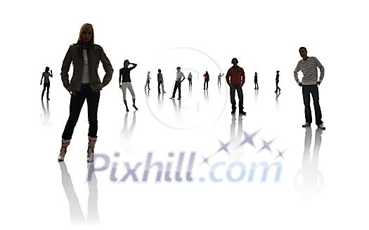 Big group of shadowed persons standing in white space