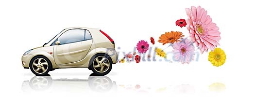 Conceptual car exhausting colorfull flowers from exhaust pipe Conceptual car exhausting colorfull flowers from exhaust pipe