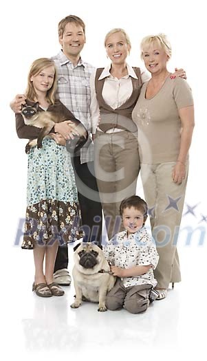 Grandma, mother, father, daughter, son, cat and dog on white Grandma, mother, father, daughter, son, cat and dog on white