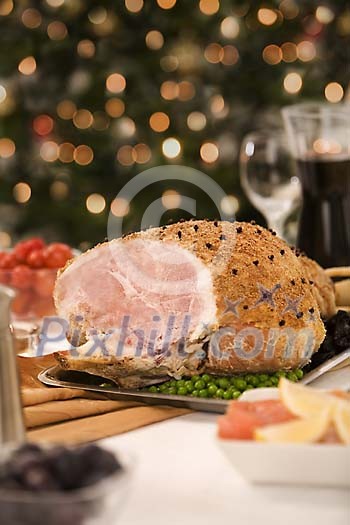 Delicious Christmas ham on dinner table