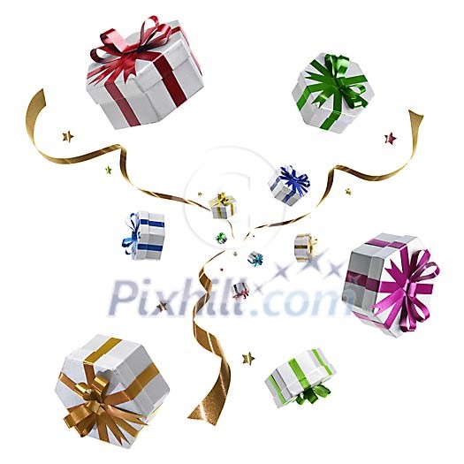 Many presents flying in the air towards camera Many presents flying in the air towards camera