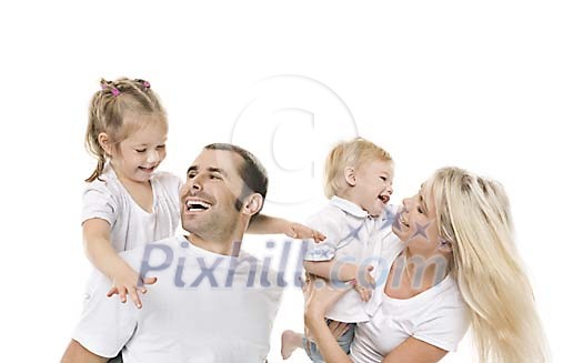 Parents hugging and carrying their children in white space Parents hugging and carrying their children in white space