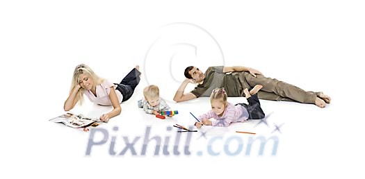 Family members lying on the floor in white space Family members lying on the floor in white space