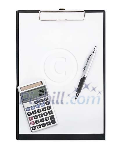 Pen, calculator and empty white paper on a black notepad Pen, calculator and empty white paper on a black notepad
