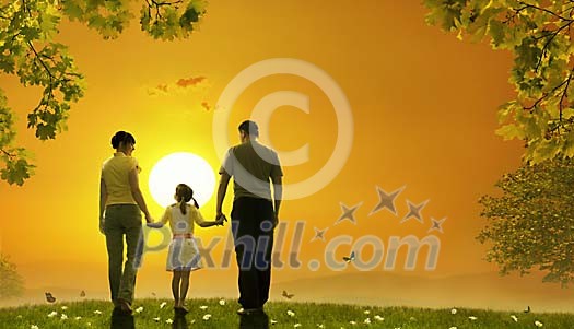 Family walking towards sunset in a fairy tale world Family walking towards sunset in a fairy tale world