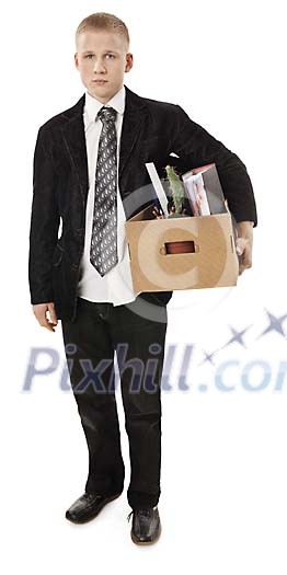 Sacked employee carrying a box with office supplies Sacked employee carrying a box with office supplies