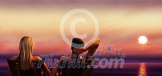 Couple relaxing on pool chairs in the sunset Couple relaxing on pool chairs in the sunset